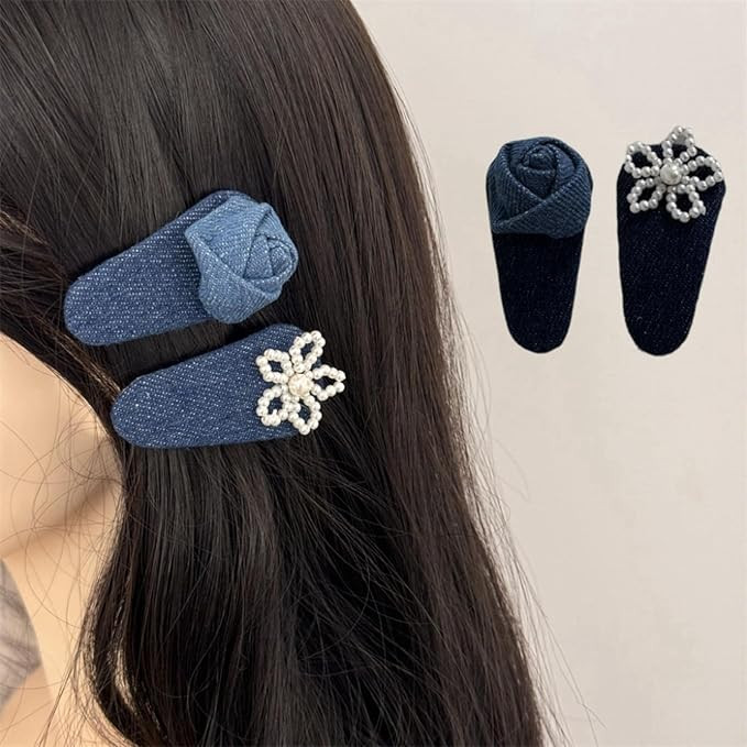 2pcs Blue Denim Hair Clips for Women Girls, Fashion Cute Pearl Flower Snap Hair Barrette Alligato... | Amazon (US)
