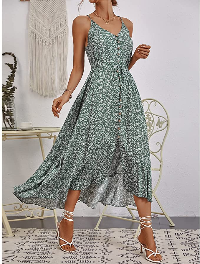 BROVAVE Women's Summer Casual Boho Sundress Polka Dot Spaghetti Strap V-Neck Flowy Midi Dresses | Amazon (US)