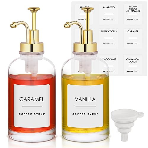 2 Pack 16.9 Oz Coffee Syrup Dispenser for Coffee Bar, Coffee Pump Dispenser, Clear Glass Syrup Bottles w. Pump and 36 Labels, Coffee Accessories for Cinnamon, Vanilla, Caramel, Gold Upgraded Pump | Amazon (US)