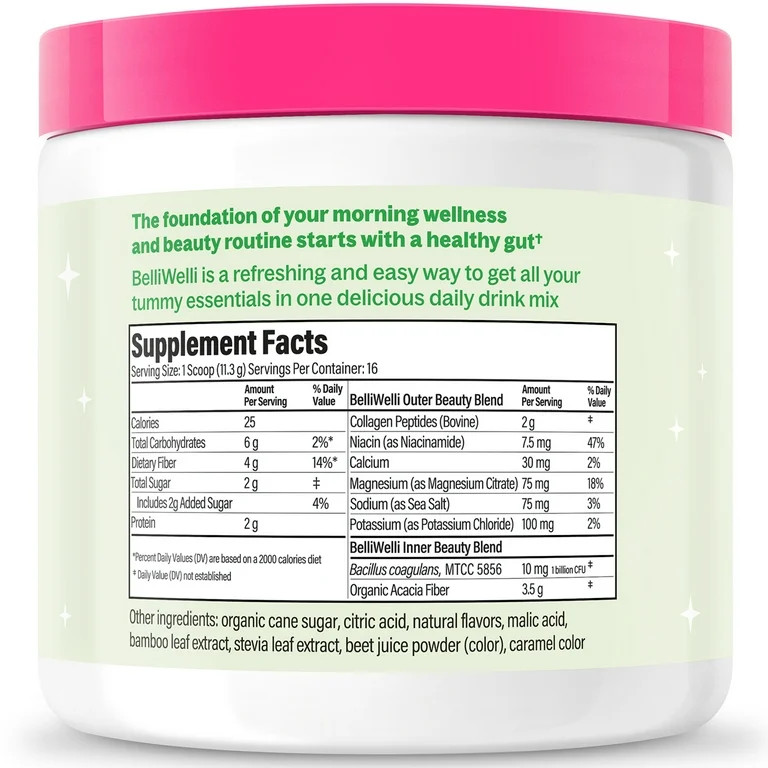 BelliWelli Daily Fiber Supplement with Probiotics, Electrolytes, and Collagen - Watermelon, 6.4 o... | Walmart (US)