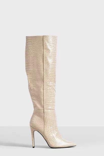Croc Knee High Pointed Stiletto Heel Boots | Boohoo.com (US & CA)