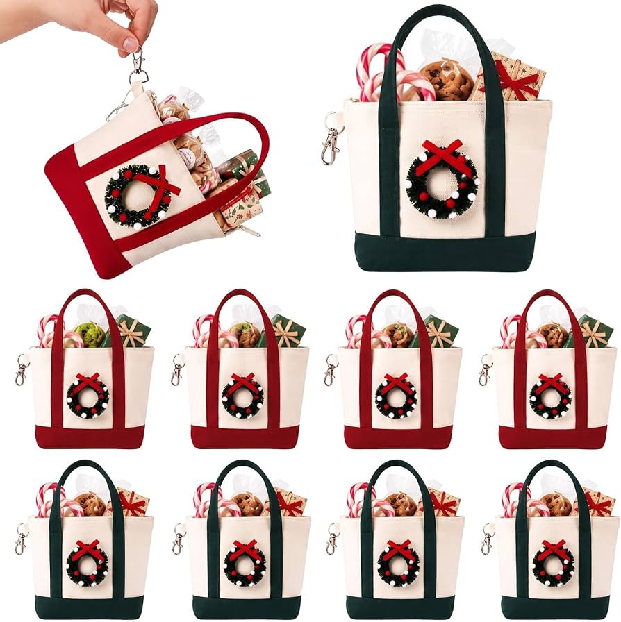 Bulyoou 8 Pcs Christmas Mini Canvas Tote Bag Keychain 5.9" x 4.7" x 1.6" | Amazon (US)