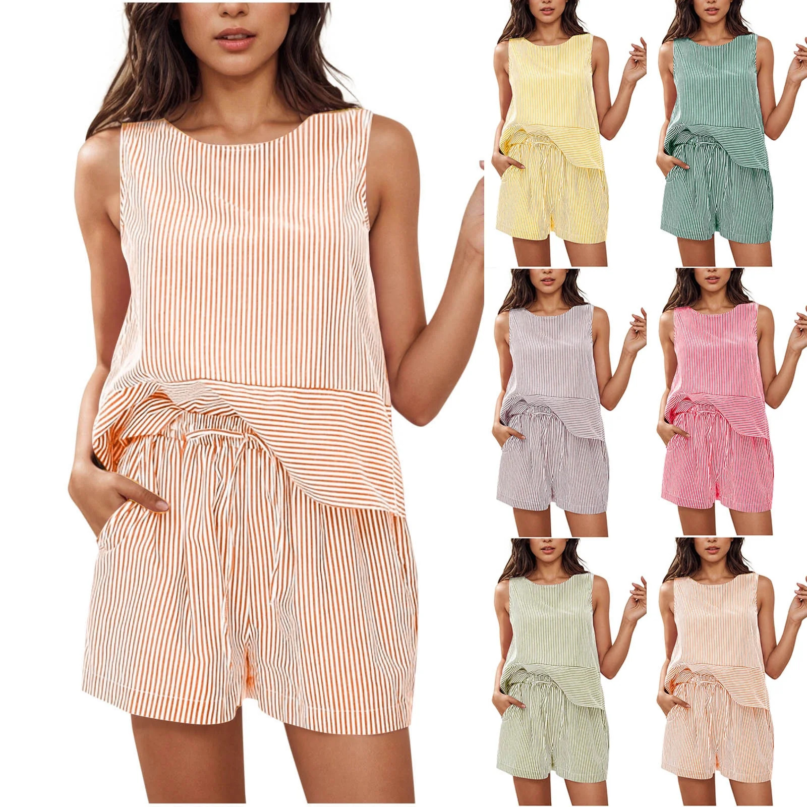 Summer Akafmk Women's Summer 2 Piece Outfits Lounge Sets,Round Neck Sleeveless Blouses Tops and W... | Walmart (US)