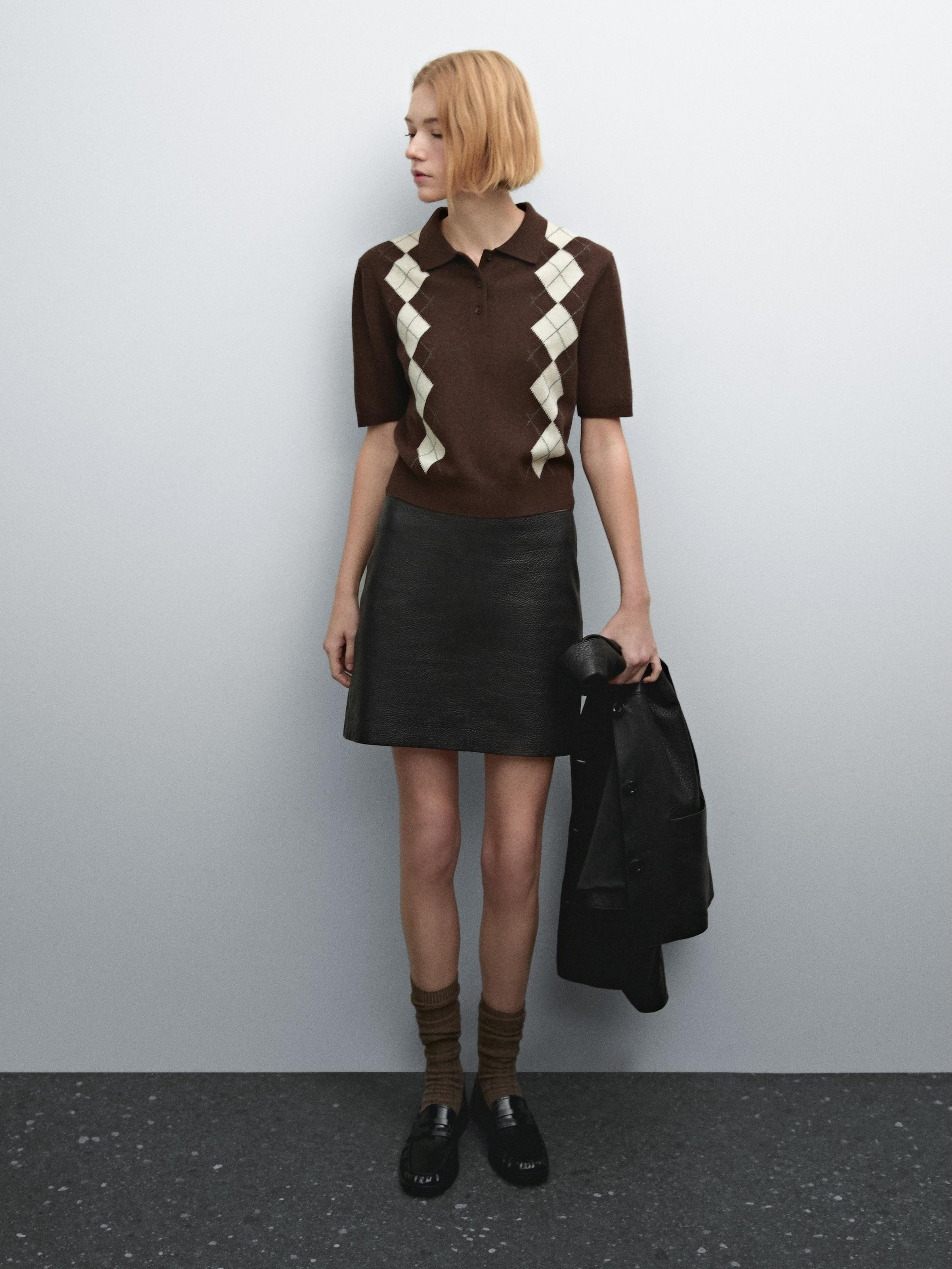 Short sleeve diamond knit polo shirt | Massimo Dutti UK