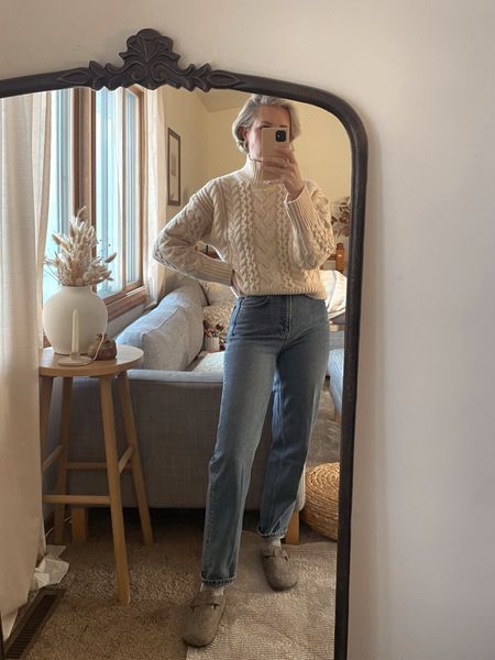 Vintage mom jeans and a cropped cable knit sweater 

#LTKSeasonal