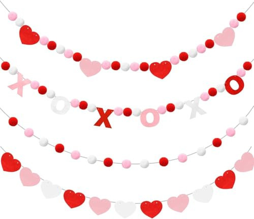 4 Pcs Valentine’s Day Heart Felt Banner Pink XOXO Felt Banner Valentines White Pom Pom Ball Garland Valentine’s Heart Pompom Hanging Banner Hanging Garland for Valentine’s Day Home Party Favors (XOXO) | Amazon (US)