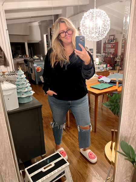 Ashley Dorough is wearing the ankle straight ultra high rise jeans in medium ripped! Not curve love but if you have a more of a booty do the curve love! Size up if you’re unsure but they do stretch out a little - she’s wearing a 35/20, a size up from her regular 34. 45% off today with code CYBERAF at checkout! Velvet pullover is amazing and machine washable, Spanx sale happening today. Glasses and smiley slippers linked too! 

#LTKsalealert #LTKcurves #LTKCyberweek
