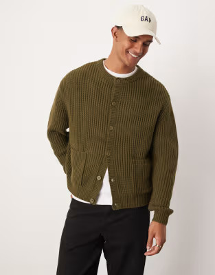 ASOS DESIGN oversized heavyweight knitted wool mix crew neck cardigan in khaki | ASOS (Global)