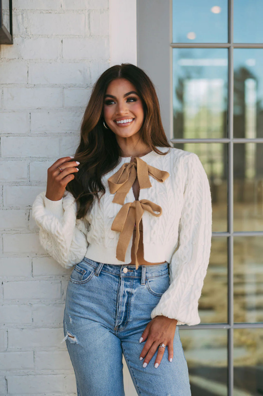 Bow Detail Sweater- Cream/Brown | These Three