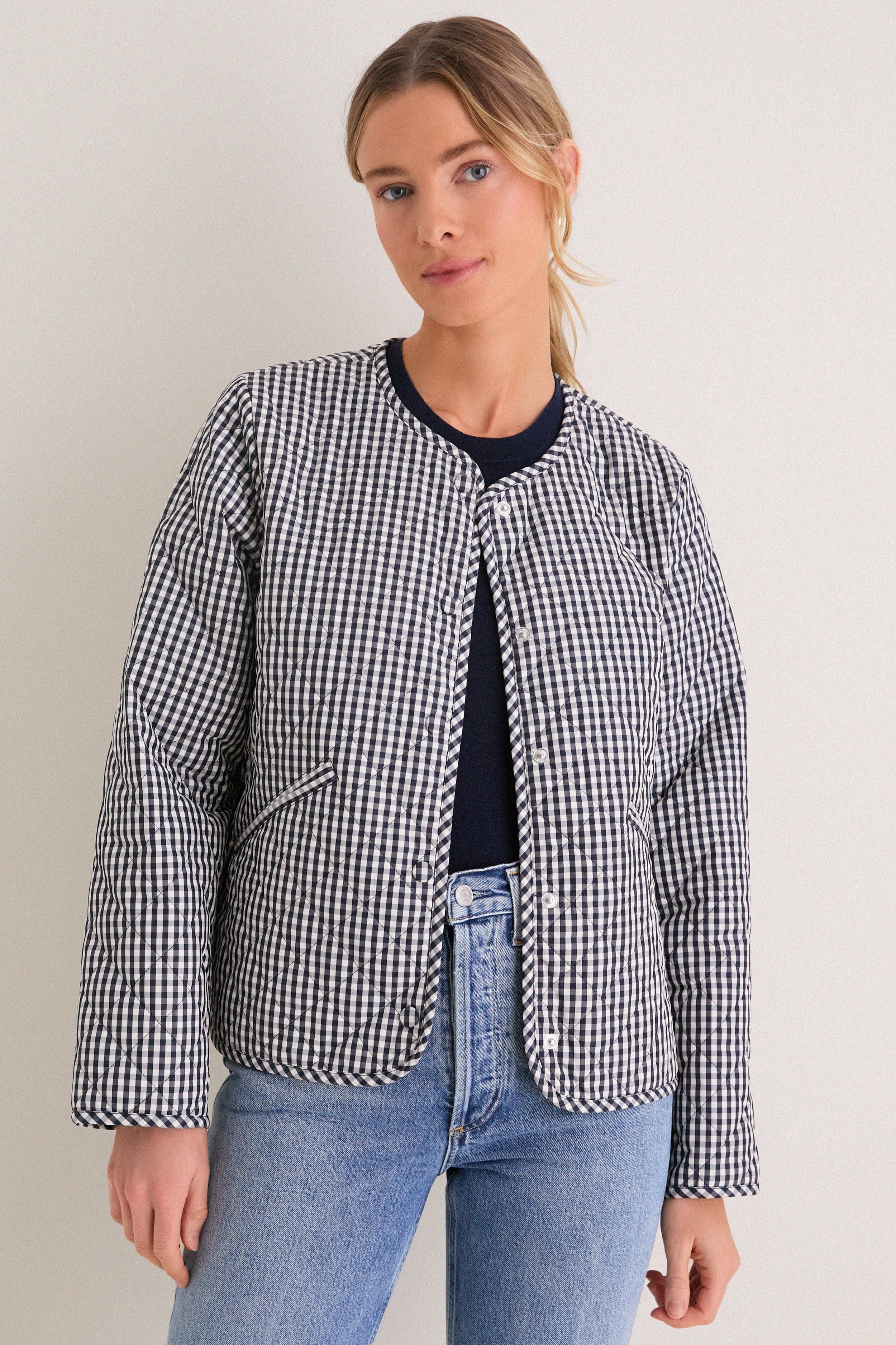 Navy Gingham Cashel Collarless Quilted Jacket | Tuckernuck (US)