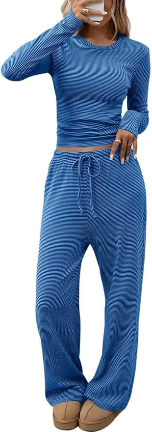 CHYRII Womens Two Piece Sets Fall Fashion Striped Long Sleeve Tops Wide Leg Palazzo Pants Outfits... | Amazon (US)