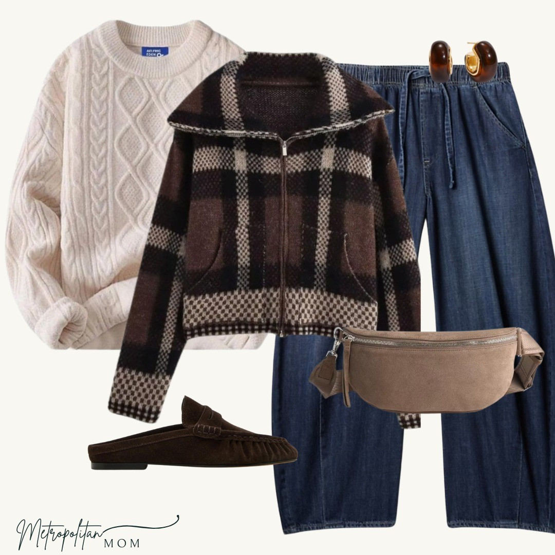 Travel with Cozy LayersWarm neutrals with texture make the best travel outfits. Beige cable sweater layered with a brown-and-black checked zip-up, soft drawstring denim, suede loafers, tortoise hoop earrings, and a beige suede Quince sling bag.Comfortable, classic, and easy to wear all day.

#LTKTravel #LTKmomlife
