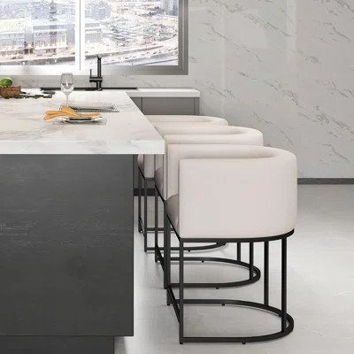 Modern Counter Height Linen Fabric Upholstered Counter Stools Set of 2, 24 Inch Kitchen Island Stool with Black Tubular Frame, Cream | Wayfair North America