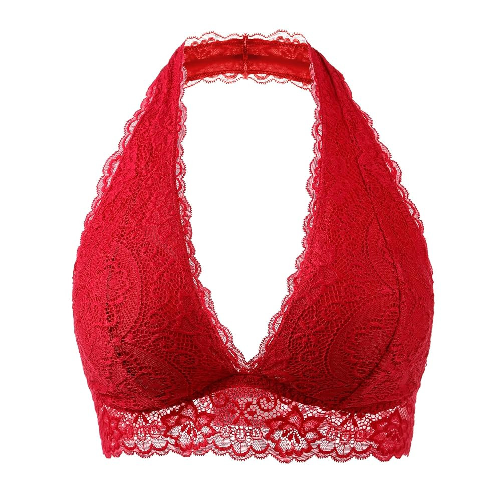 Womens Lace Bra No Underwire No Pads V Neck Halterneck Bralettes | Amazon (US)