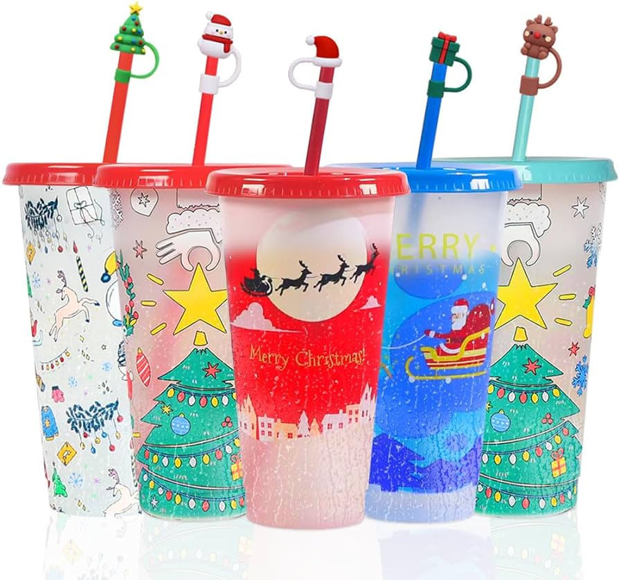 5 Pack Christmas Color Changing Cups with Lids and Straws Include Straw Covers,Plastic Tumblers w... | Amazon (US)
