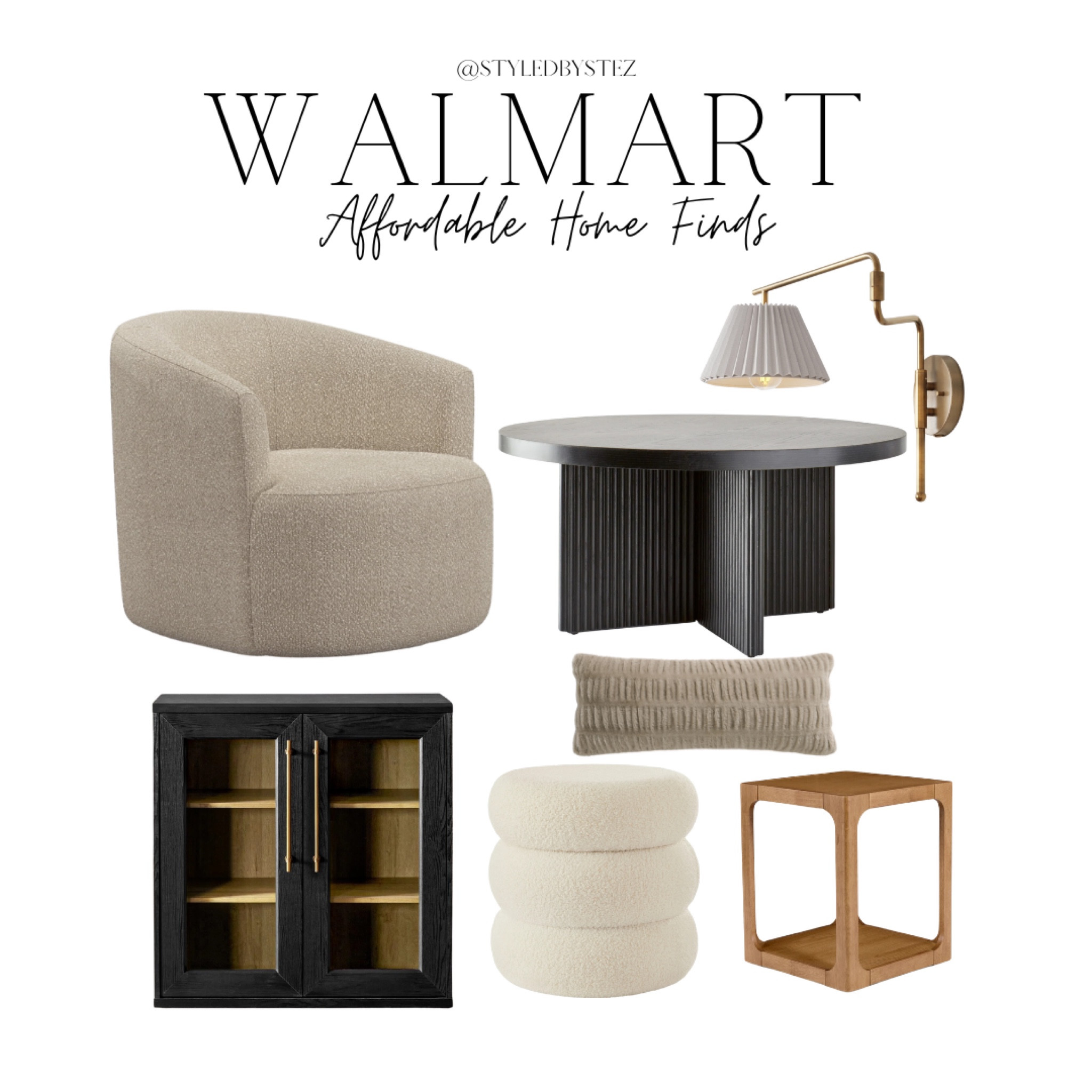 Some of my favorite affordable furniture finds from Walmart!
Pleated shade gold sconce, boucle swivel chair, wooden side table 

#LTKSaleAlert #LTKHome