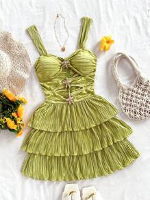 Soleia Vacation Green Ruched Metal Starfish Cutout Lotus Leaf Decor Slip Dress,Sun Dress | SHEIN