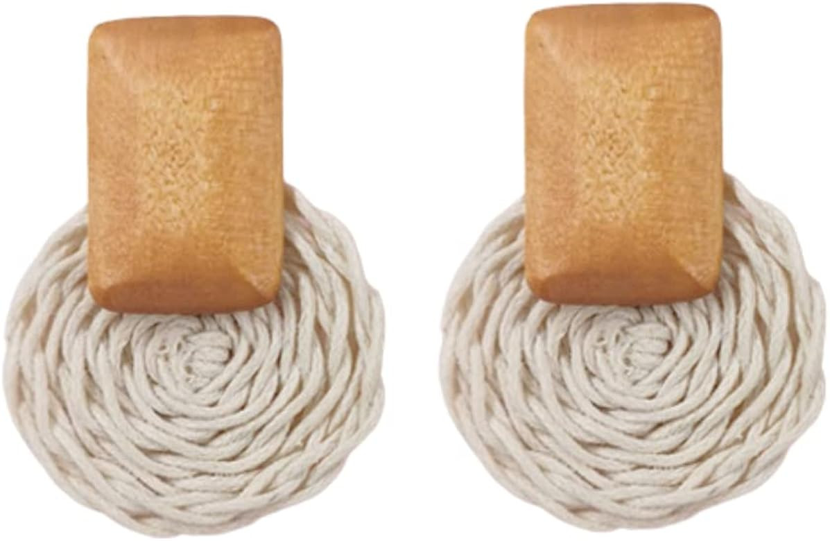 Statement Raffia Wood Geometric Dangle Earrings Round, Square Boho Drop Handmade Straw Earrings F... | Amazon (US)