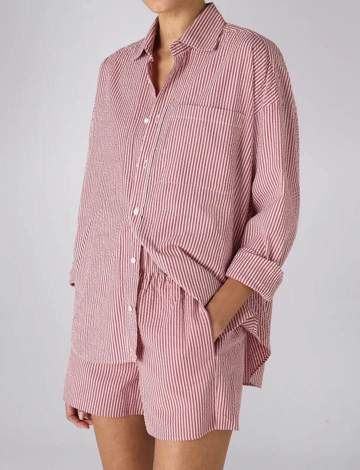 The Set: Seersucker Pink and Berry Stripe Shirt & Boxer Shorts | With Nothing Underneath