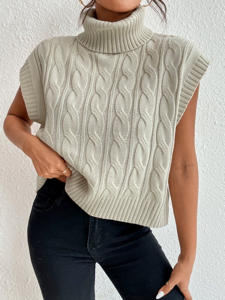Turtle Neck Cable Knit Sweater Vest | SHEIN