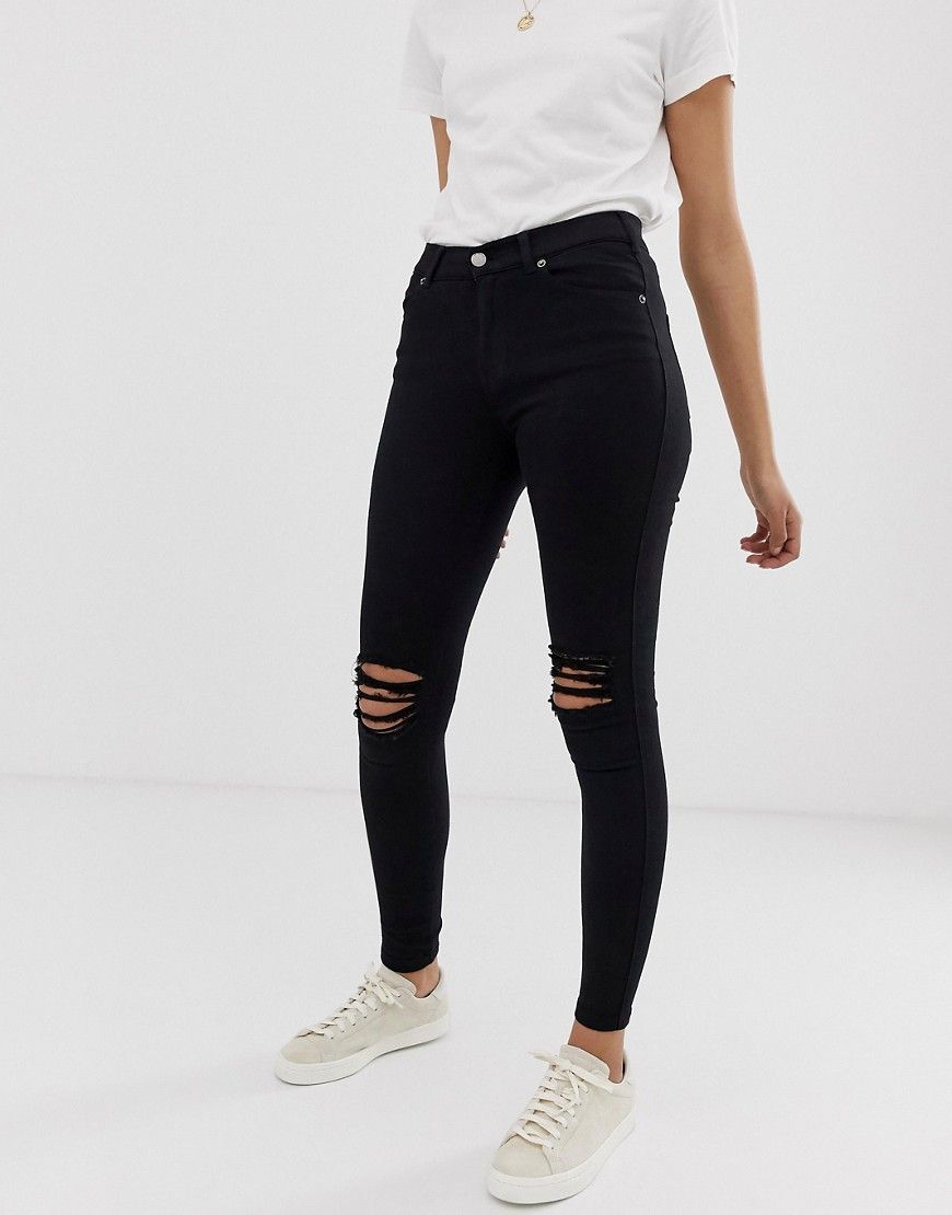 Dr Denim Lexy Mid Rise Second Skin Super Skinny Ripped Knee Jeans - Black | ASOS US
