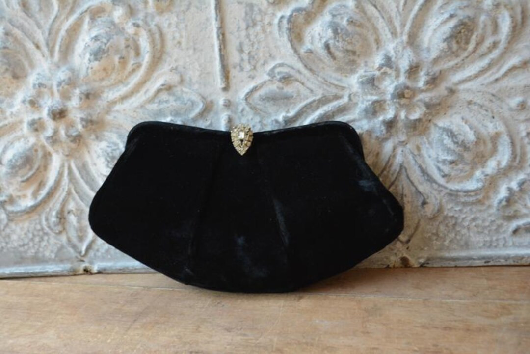 Vintage Mid Century Black Velvet Clutch, Black Velvet Handbag With Rhinestone Clasp - Etsy | Etsy (US)