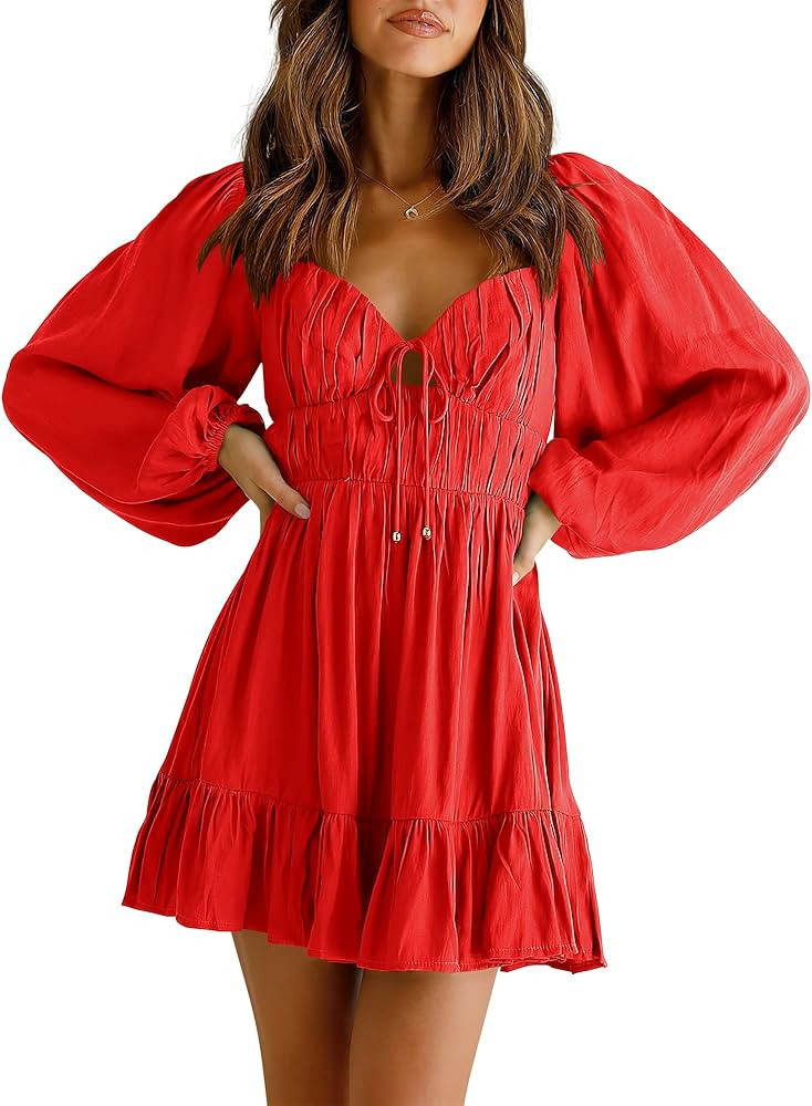 ANRABESS Women's Sweetheart Neck Tie Front Cutout Long Sleeve Smocked Backless Ruffle Hem Pleated... | Amazon (US)