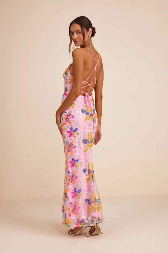 Zaylee Light Pink Sequin Lace-Up Mermaid Maxi Dress | Lulus