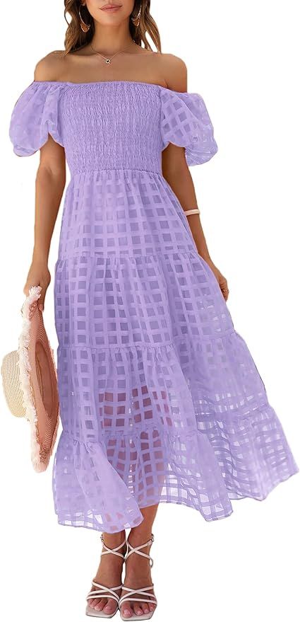 PRETTYGARDEN Womens Summer Puffy Short Sleeve Square Neck Smocked Tiered Ruffle Midi Dress | Amazon (US)