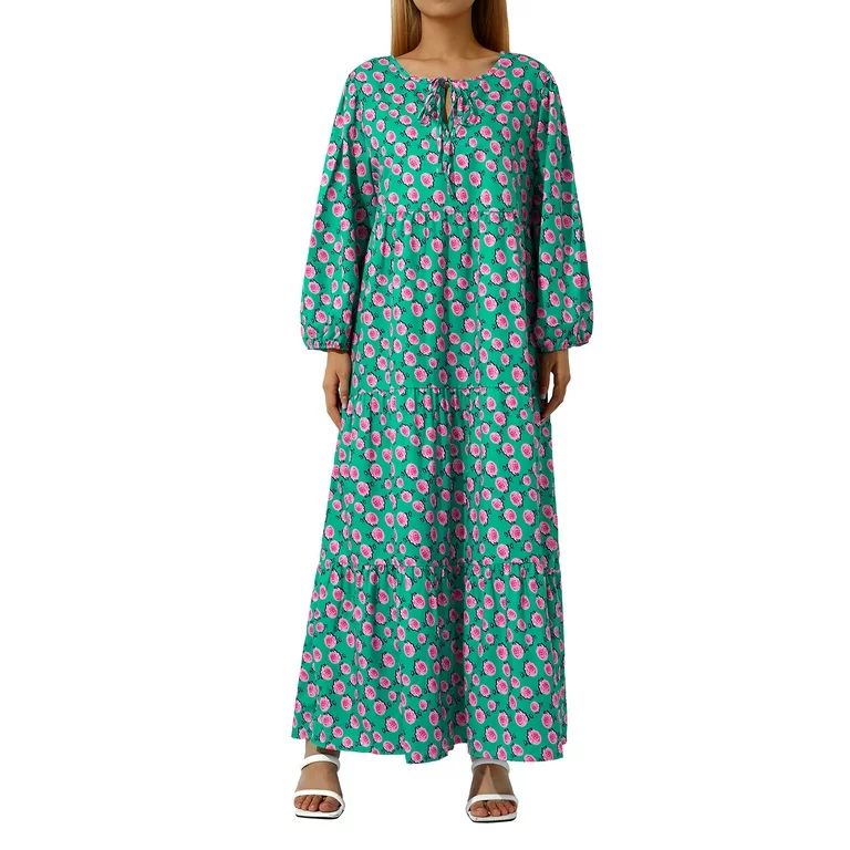 Women Vintage Geometric Print Long Dress Summer Beach Boho V-neck Puff Half Sleeve Loose Maxi Dre... | Walmart (US)
