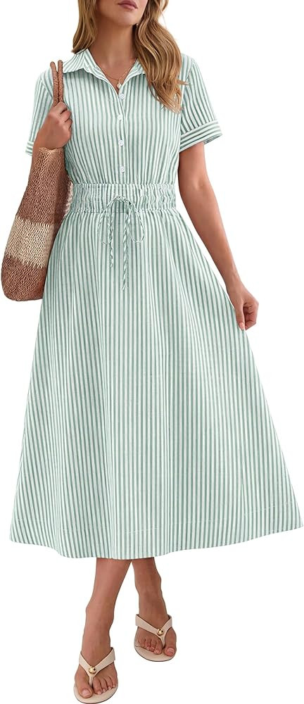 ANRABESS Womens Summer Midi Dress Short Sleeve Striped Plaid Button Collar Shirt Dresses 2026 Cas... | Amazon (US)