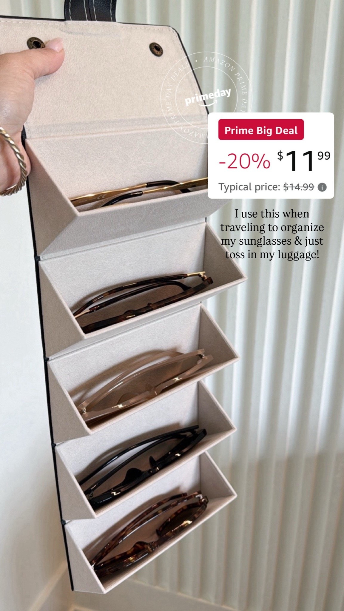 Sunglasses organizer on sale at Amazon! This is what I use to organizer sunglasses when we travel, and then easily toss in my luggage!