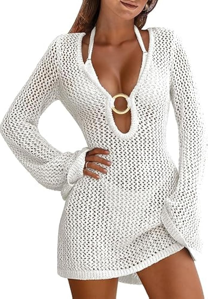Women Beach Crochet Cover Ups Women's Crochet Swim Cover Up Summer Knit Swimwear Mesh Bathing Sui... | Amazon (UK)