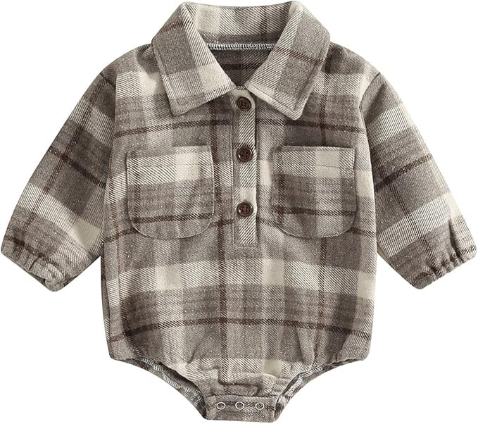 Baby Boy Plaid Shirt Romper Flannel Long Sleeve Oversized Tops Infant Button Down Fall Clothes | Amazon (US)