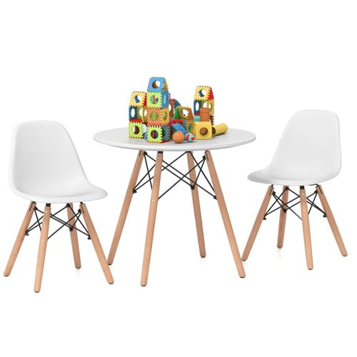 HONEY JOY Kids Table and Chairs, 5 PCS Mid-Century Modern Style Kids Activity Set w/Wood Legs, Metal Frame, for Dining Drawing Playing, Toddler Round Table and Chairs (White, 2 Chairs & Table) | Amazon (US)