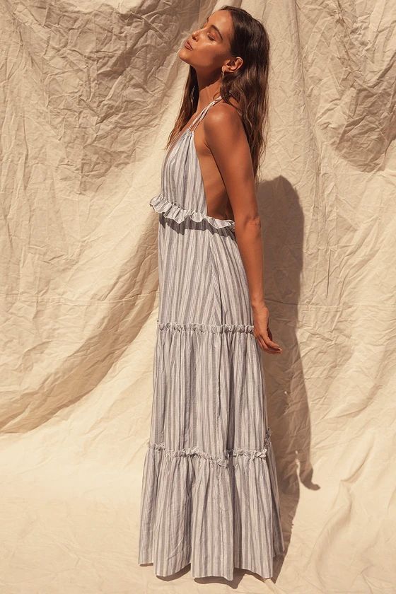 Vacay Babe Grey Striped Halter Maxi Dress | Lulus (US)