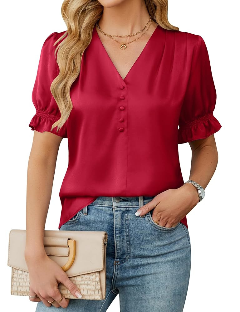 BMJL Womens Blouses Dressy Casual Satin V Neck Short Sleeve Shirts Business Casual Tops for Women | Amazon (US)