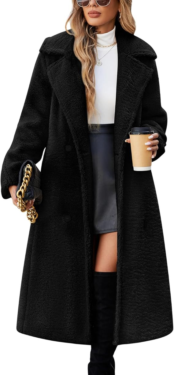 Womens Fleece Long Jackets Oversized Double-Breasted Fluffy Coats Winter Lapel Faux Fur Warm Over... | Amazon (US)