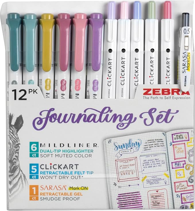 Zebra Pen - Premium 12-Pack Journaling Set - No Bleed Highlighters, CLiCKART Pens & SARASA Mark-O... | Amazon (US)