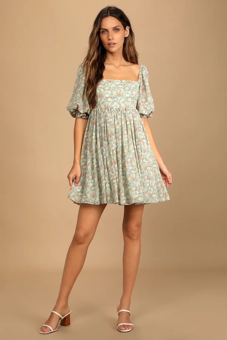 Sweet Daydreams Mint Floral Print Puff Sleeve Mini Dress | Lulus (US)