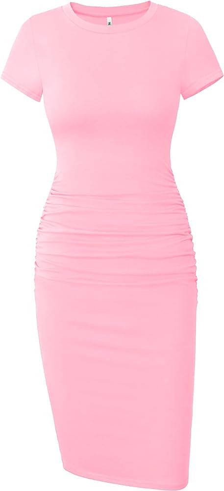 Missufe Women's Short Sleeve Ruched Casual Sundress Midi Bodycon T Shirt Dress | Amazon (US)