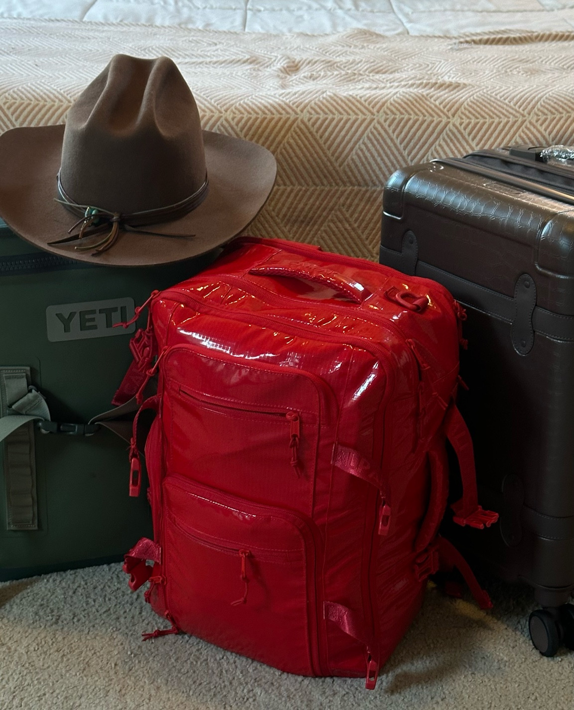 Mountain weekend packing essentials! Calpak backpack & carry on luggage, a yeti backpack cooler full of drinks (seltzers, energy drinks and non-alcoholic options) and, of course, a cowboy hat! 🤠🏔️

#LTKtravel #LTKitbag #LTKhome