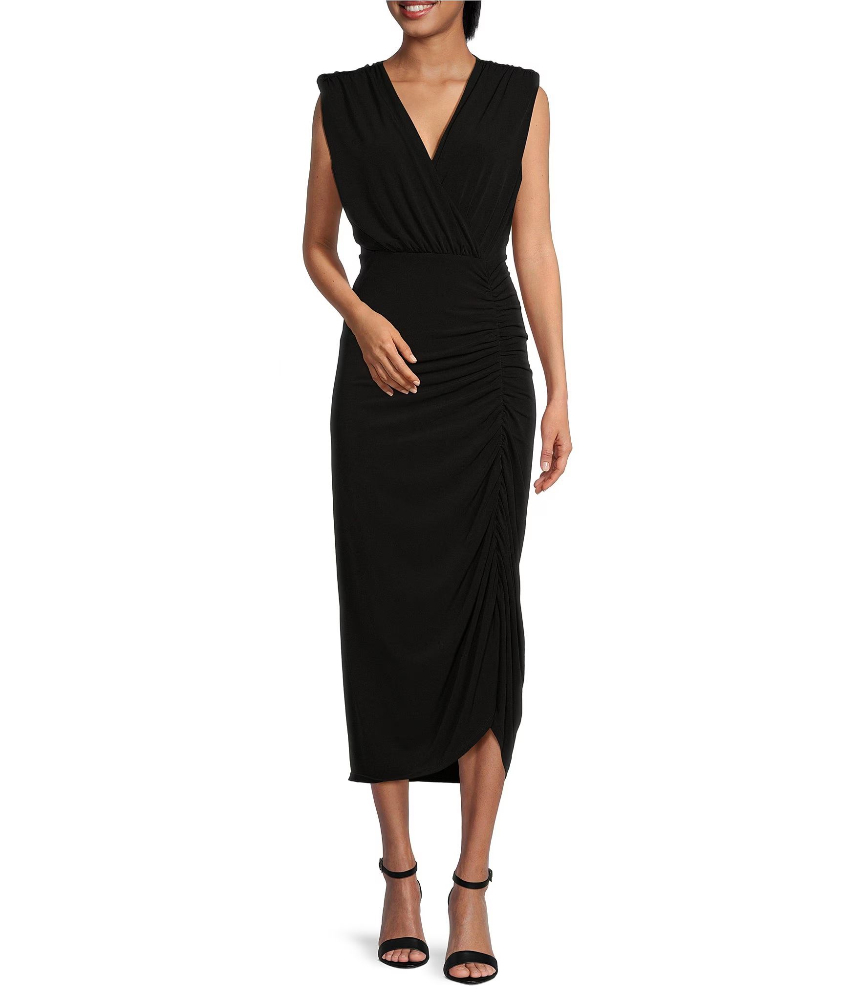 Laurel Matte Jersey V-Neck Sleeveless Ruched Waist Midi Dress | Dillard's