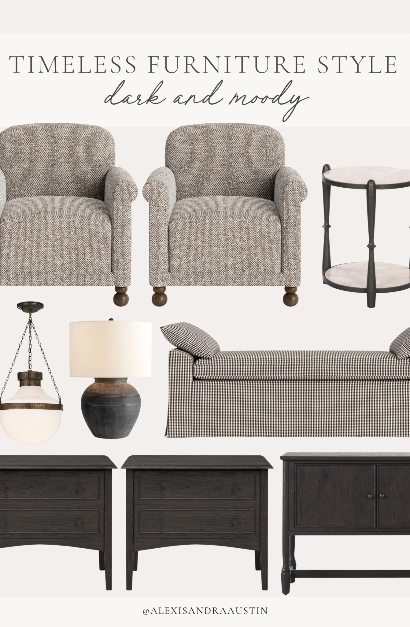 Timeless dark and moody furniture style featuring classic pieces, statement lighting, and contrasting details for a spring refresh! 

Home finds, neutral home inspo, furniture favorites, dark and moody, accent chair, spring refresh, accent table, nightstand details, statement lighting, table lamp, accent bench, Pottery Barn style, Lumens, Visual Comfort, McGee and Co, Magnolia, Scout and Nimble, shop the look!

#LTKSeasonal #LTKHome