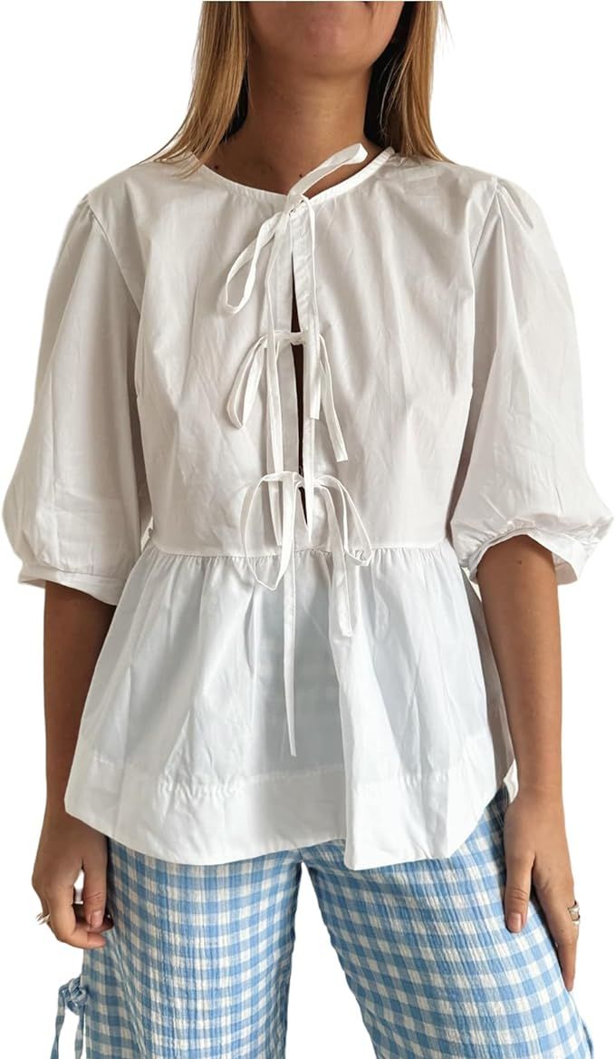 Women Y2K Puff Short Sleeve Peplum Shirts Tie Front Ruffle Hem Babydoll Blouse Tops Teen Girls La... | Amazon (US)