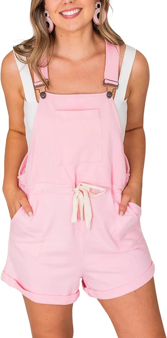 Qiaomai Womens Short Overalls Loose Cotton Adjustable Straps Drawstring Bib Rompers Shortalls | Amazon (US)