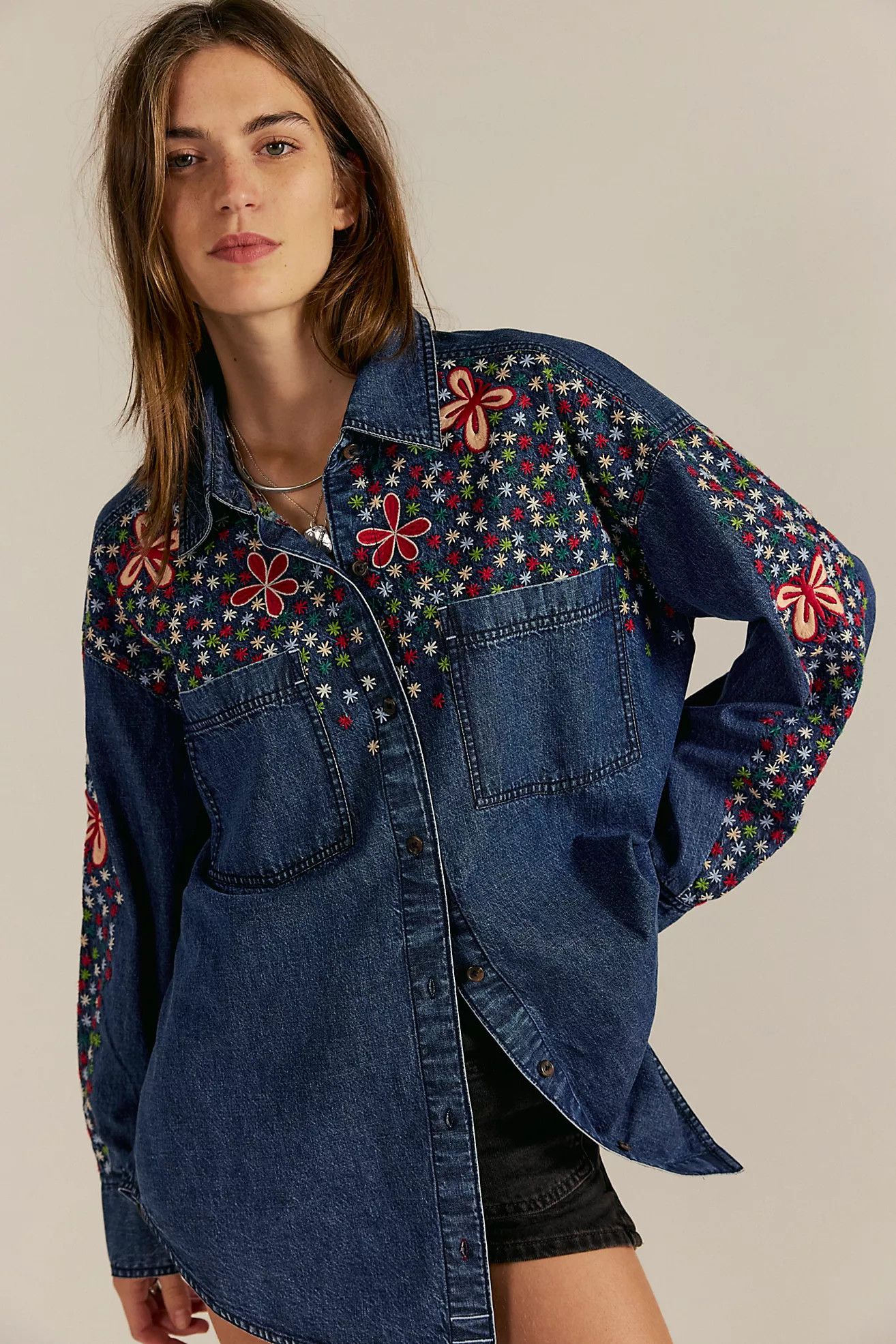 We The Free Rainbow Embroidered Denim Top | Free People (Global - UK&FR Excluded)