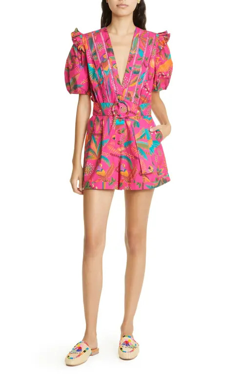 FARM Rio Macaw Party Belted Romper in Macaw Party Pnik at Nordstrom, Size Large | Nordstrom