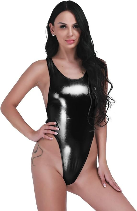 Mufeng Women's Metallic PVC Leather One Piece Raceback Swimsuit Bodysuit Leotard | Amazon (US)
