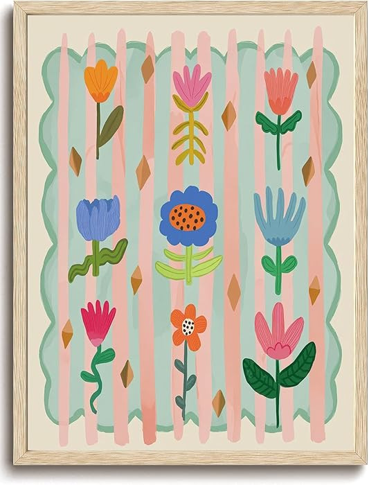 KISSFOX OAK Wood Framed Wall Art Flowers Wall Decor Whimsical Canvas Art Floral Pictures Cute Pai... | Amazon (US)